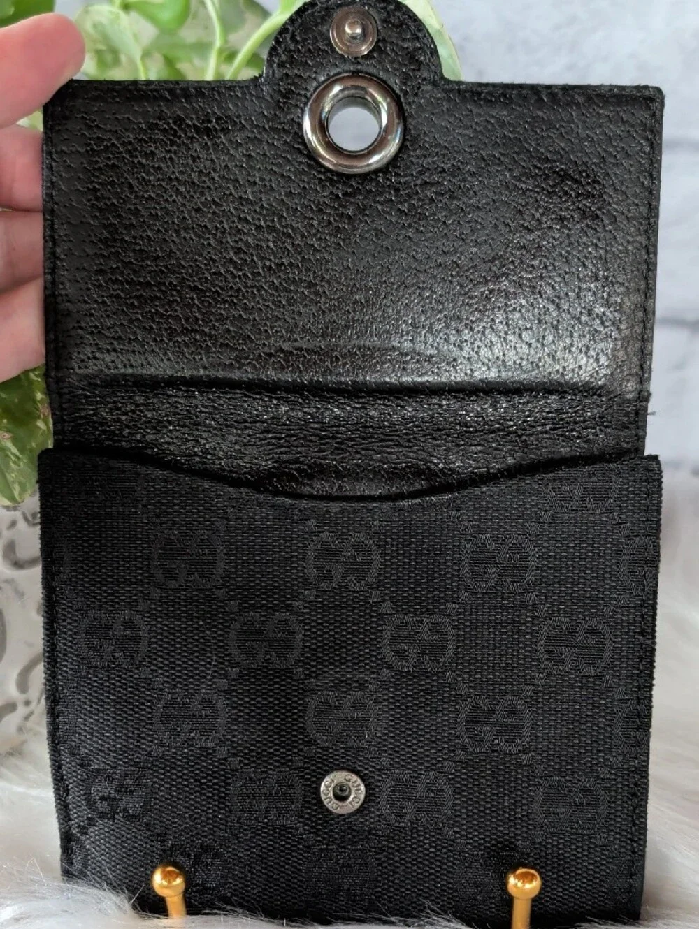 Authentic Gucci Black Monogram Canvas Compact Wallet with Silver-Tone Disc Snap - Picture 3 of 12